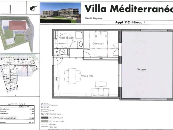 sur plan : T2 de 50m² avec terrasse de 43,31m²