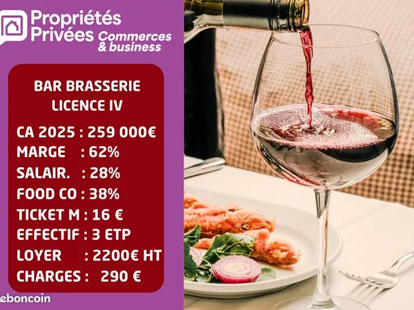 Fonds de commerce bar, brasserie 220 m²