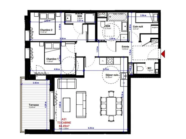 Appartement T3 cabine de 84 m2