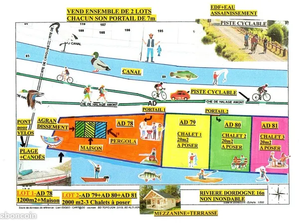 Ensemble de 2 lots bord de rivière et canal -maison+3 chalets