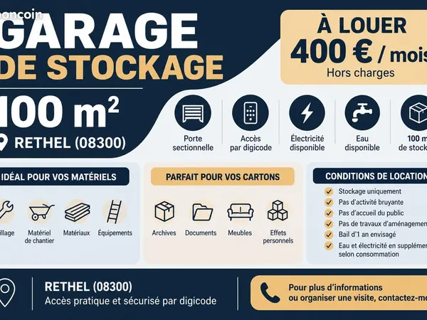 Garage 100 m² à louer - Stockage artisan / professionnel - Rethel