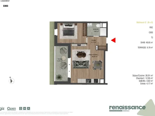 Résidence RENAISSANCE Appartement F2 neuf Lot C3