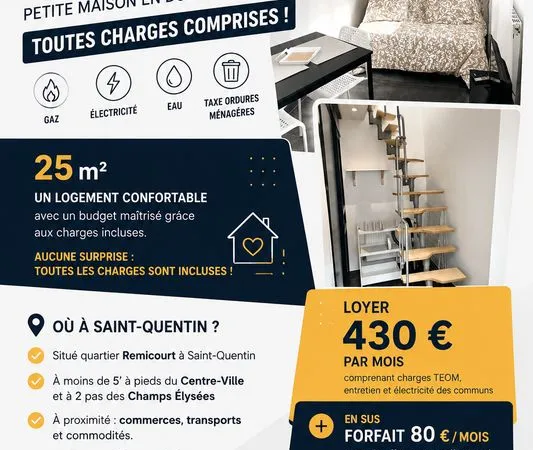 Idéal étudiant - maisonnette en duplex meublée à louer - Toutes charges comprises : gaz, électricité