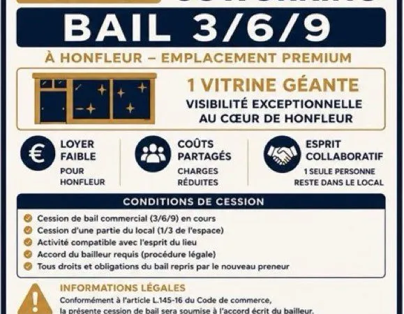 Cède 1/3 Bail 3/6/9 HONFLEUR Place Saint Léonard 1/3 de l'Espace COWORKING